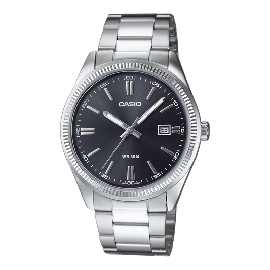 CASIO  MTP-1302D-1A1 SILVER STEEL BAND BLACK DIAL  FOR MEN