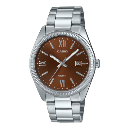 CASIO  MTP-1302DD-5A SILVER STEEL BAND BROWN DIAL  FOR MEN