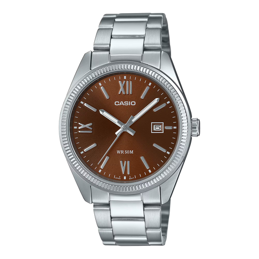 CASIO  MTP-1302DD-5A SILVER STEEL BAND BROWN DIAL  FOR MEN