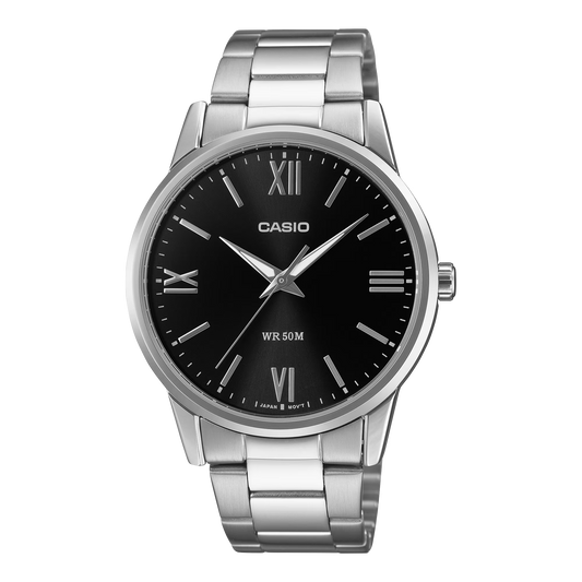 CASIO  MTP-1303DD-1A SILVER STEEL BAND BLACK DIAL  FOR MEN