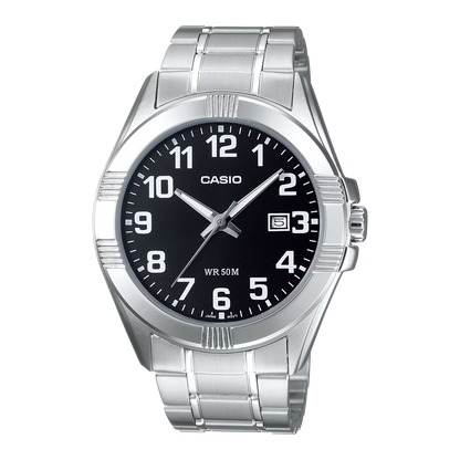 CASIO  MTP-1308D-1B SILVER STEEL BAND BLACK DIAL  FOR MEN