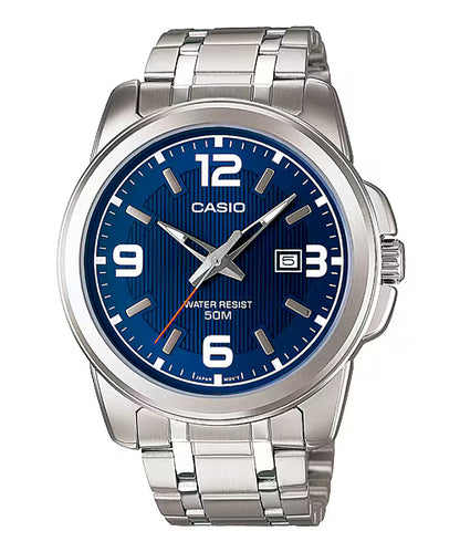 CASIO  MTP-1314D-2A SILVER STEEL BAND NAVY BLUE DIAL  FOR MEN