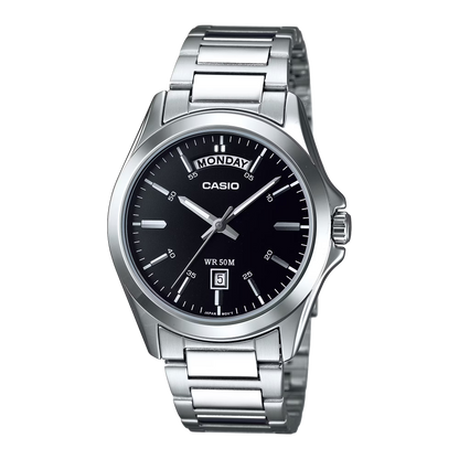CASIO  MTP-1370D-1A1 SILVER STEEL BAND BLACK DIAL  FOR MEN