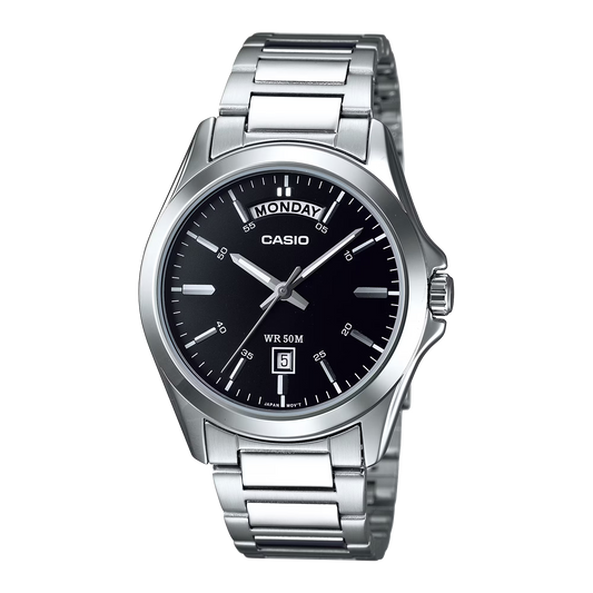 CASIO  MTP-1370D-1A1 SILVER STEEL BAND BLACK DIAL  FOR MEN