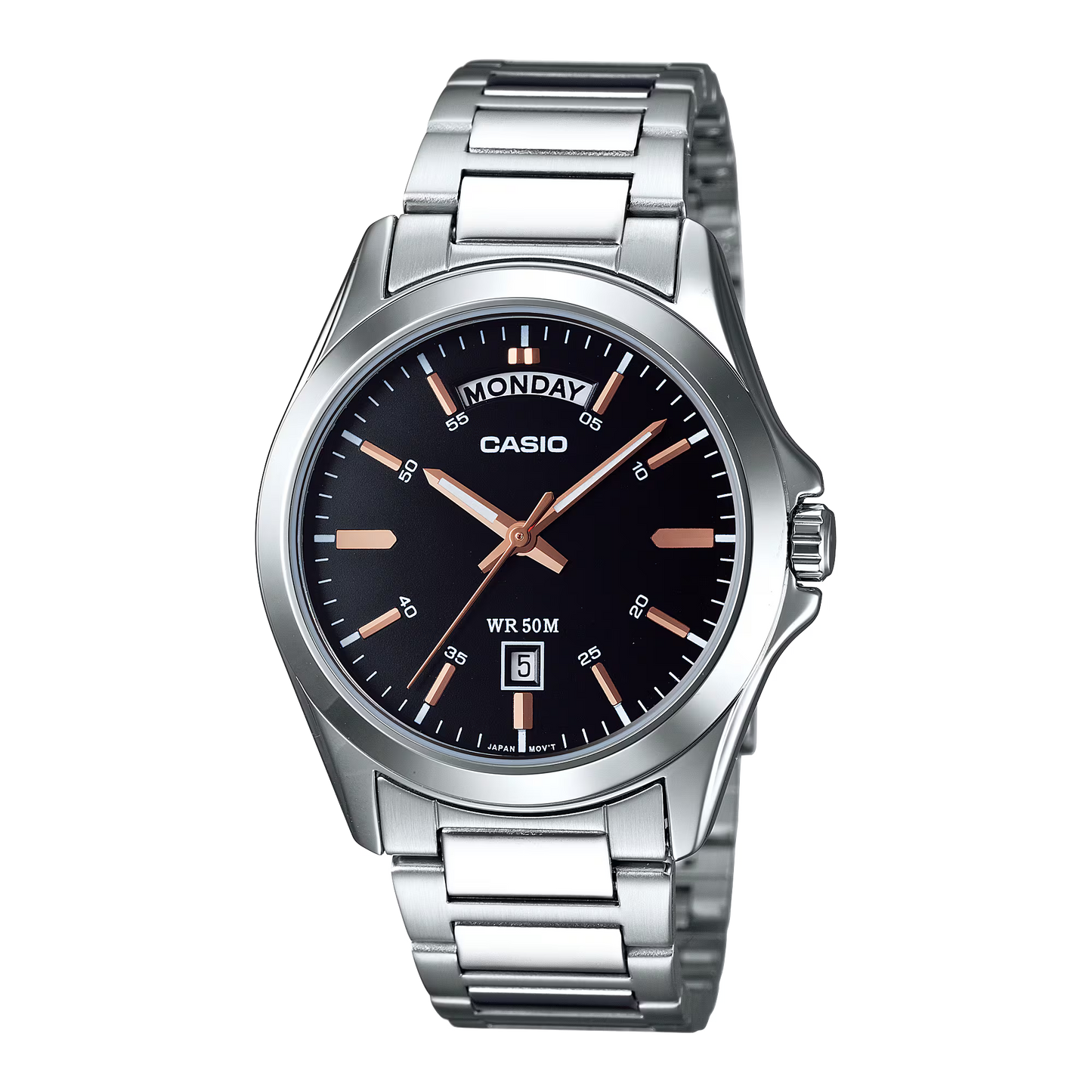 CASIO  MTP-1370D-1A2 SILVER STEEL BAND BLACK DIAL  FOR MEN