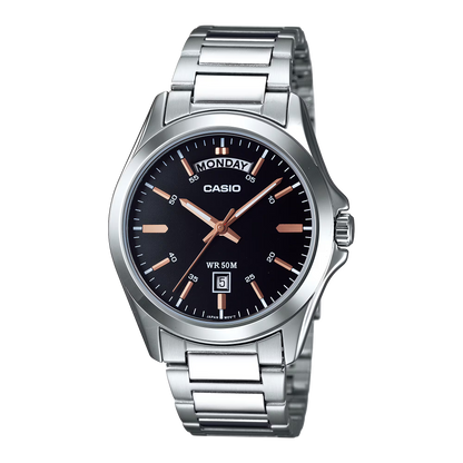 CASIO  MTP-1370D-1A2 SILVER STEEL BAND BLACK DIAL  FOR MEN