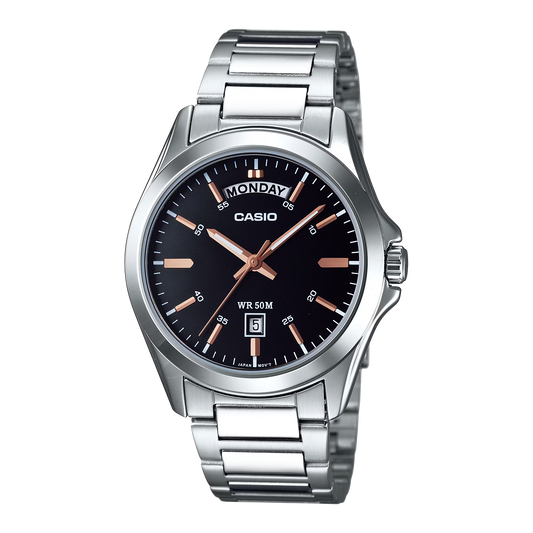 CASIO  MTP-1370D-1A2 SILVER STEEL BAND BLACK DIAL  FOR MEN
