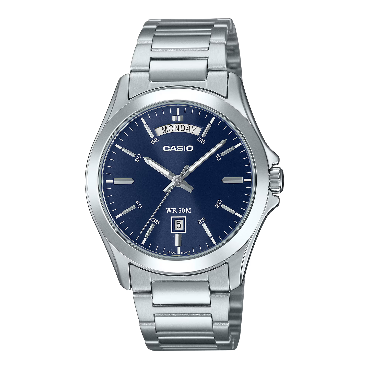 CASIO  MTP-1370D-2A2 SILVER STEEL BAND NAVY BLUE DIAL  FOR MEN