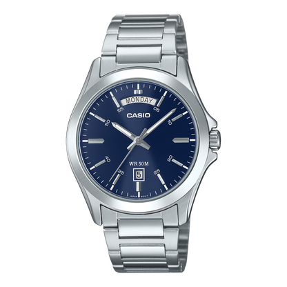 CASIO  MTP-1370D-2A2 SILVER STEEL BAND NAVY BLUE DIAL  FOR MEN