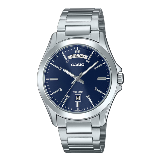 CASIO  MTP-1370D-2A2 SILVER STEEL BAND NAVY BLUE DIAL  FOR MEN