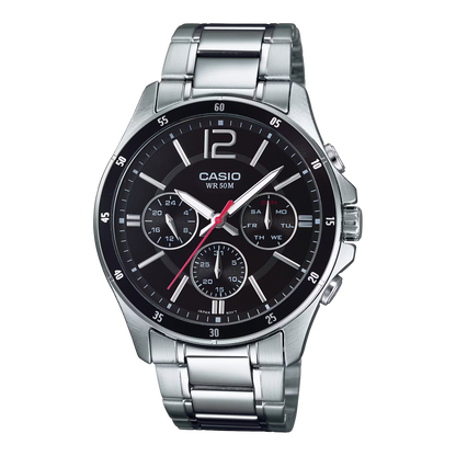 CASIO  MTP-1374D-1A SILVER STEEL BAND BLACK DIAL  FOR MEN