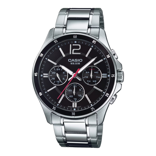 CASIO  MTP-1374D-1A SILVER STEEL BAND BLACK DIAL  FOR MEN