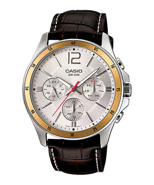 CASIO  MTP-1374L-7A BROWN LEATHER BAND SILVER DIAL  FOR MEN