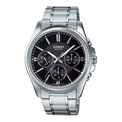 CASIO  MTP-1375D-1A SILVER STEEL BAND BLACK DIAL  FOR MEN