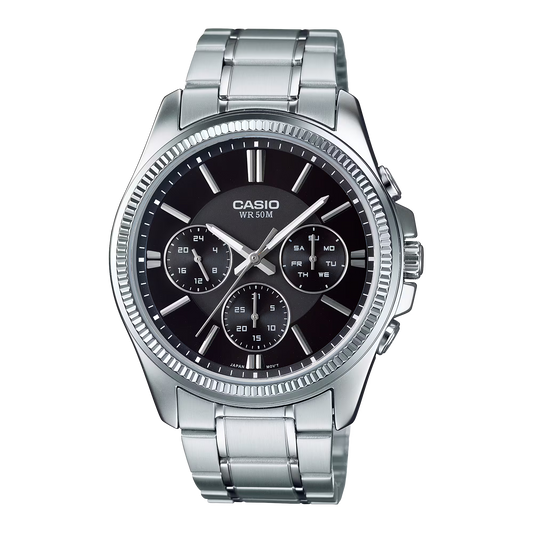 CASIO  MTP-1375D-1A SILVER STEEL BAND BLACK DIAL  FOR MEN