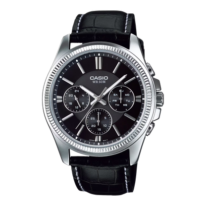CASIO  MTP-1375L-1A BLACK LEATHER BAND BLACK DIAL  FOR MEN