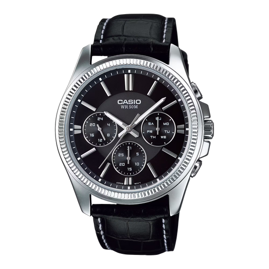 CASIO  MTP-1375L-1A BLACK LEATHER BAND BLACK DIAL  FOR MEN