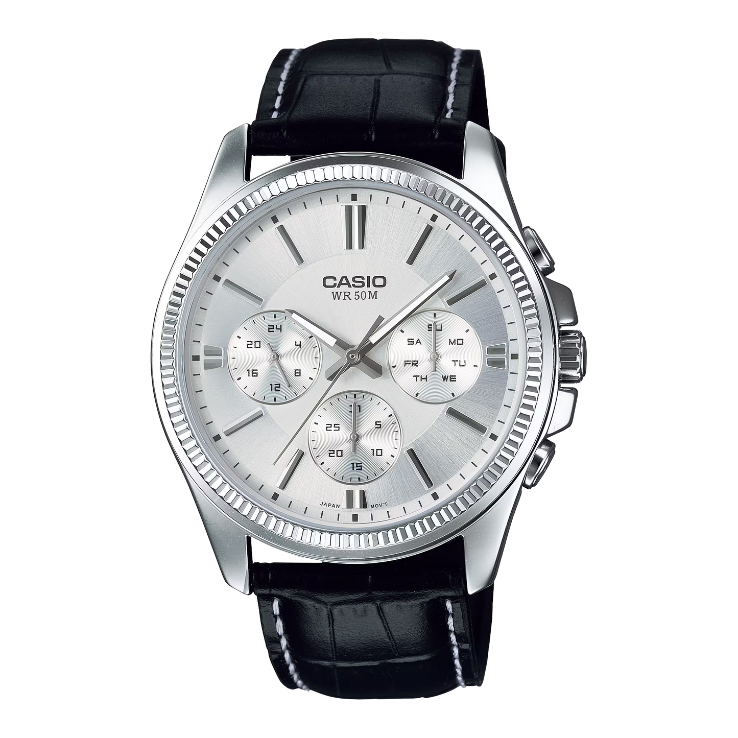 CASIO  MTP-1375L-7A BLACK LEATHER BAND SILVER DIAL  FOR MEN