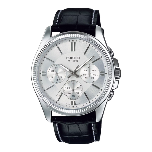CASIO  MTP-1375L-7A BLACK LEATHER BAND SILVER DIAL  FOR MEN