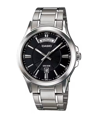 CASIO  MTP-1381D-1A SILVER STEEL BAND BLACK DIAL  FOR MEN