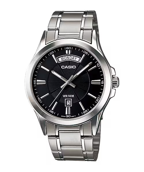CASIO  MTP-1381D-1A SILVER STEEL BAND BLACK DIAL  FOR MEN