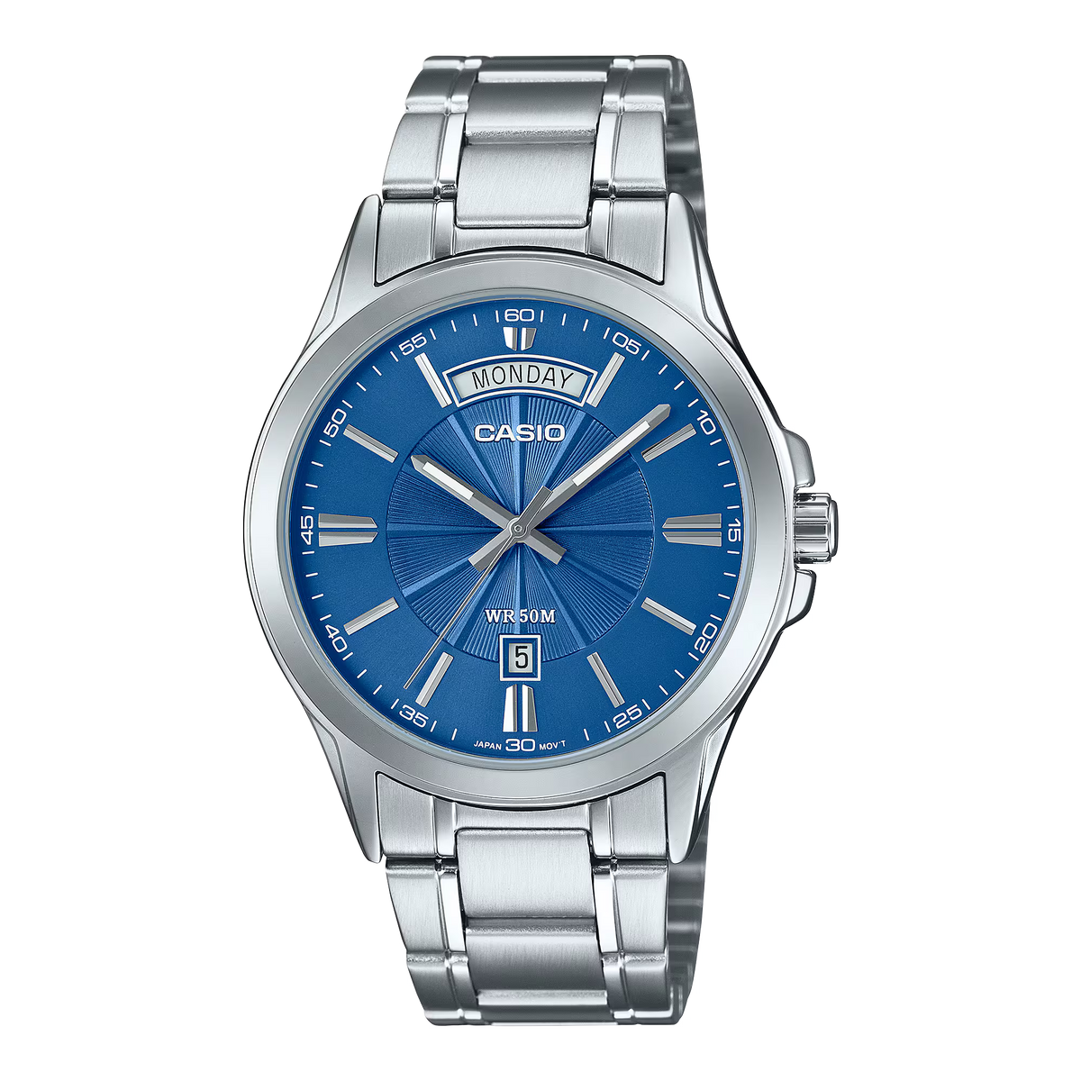 CASIO  MTP-1381D-2A SILVER STEEL BAND NAVY BLUE DIAL  FOR MEN