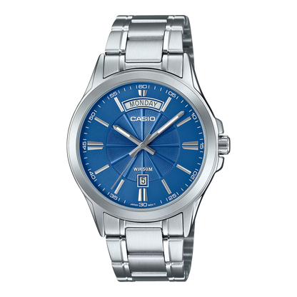 CASIO  MTP-1381D-2A SILVER STEEL BAND NAVY BLUE DIAL  FOR MEN