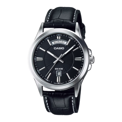 CASIO  MTP-1381L-1A BLACK LEATHER BAND BLACK DIAL  FOR MEN