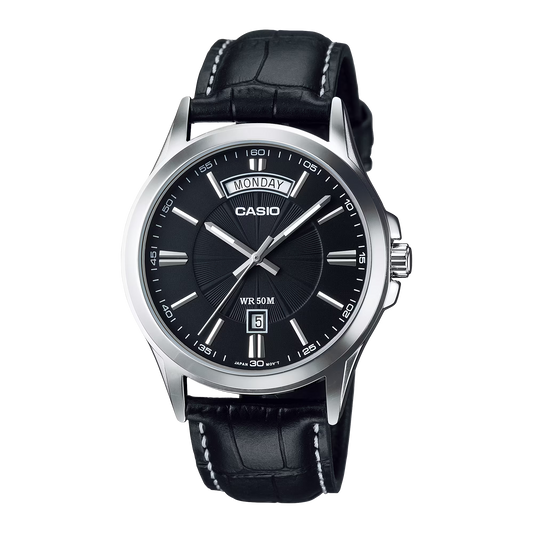 CASIO  MTP-1381L-1A BLACK LEATHER BAND BLACK DIAL  FOR MEN