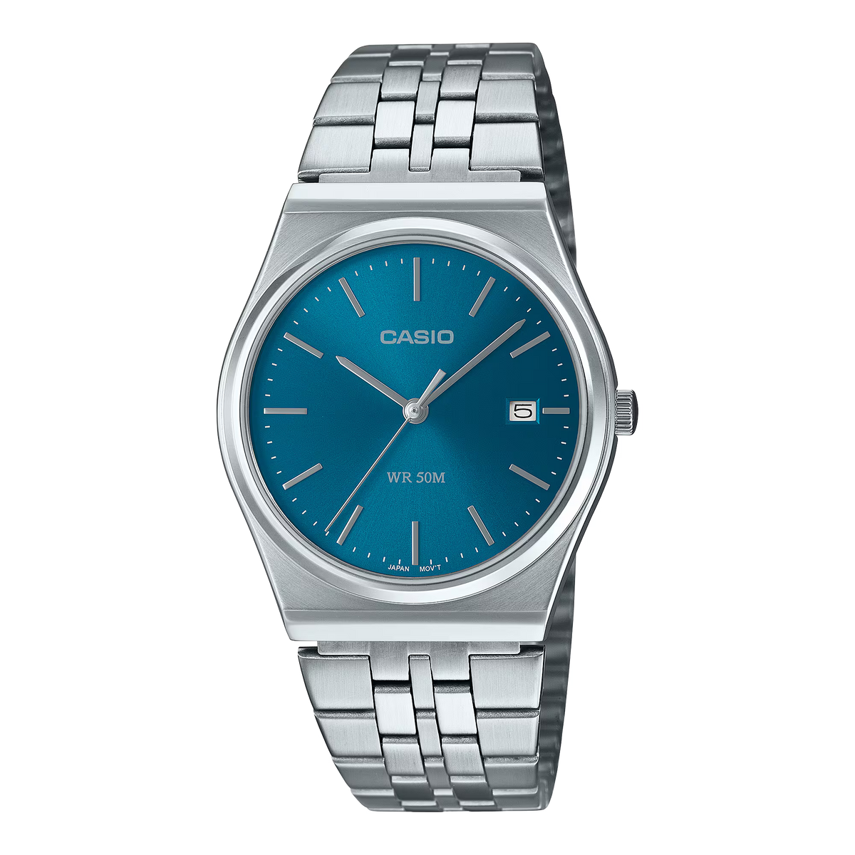 CASIO  MTP-B145D-2A2 SILVER STEEL BAND NAVY BLUE DIAL  FOR MEN