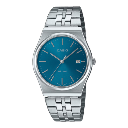 CASIO  MTP-B145D-2A2 SILVER STEEL BAND NAVY BLUE DIAL  FOR MEN