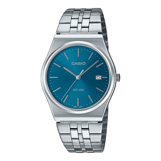 CASIO  MTP-B145D-2A2 SILVER STEEL BAND NAVY BLUE DIAL  FOR MEN