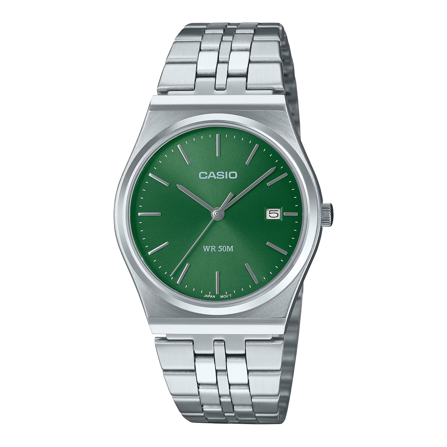 CASIO  MTP-B145D-3A SILVER STEEL BAND GREEN DIAL  FOR MEN