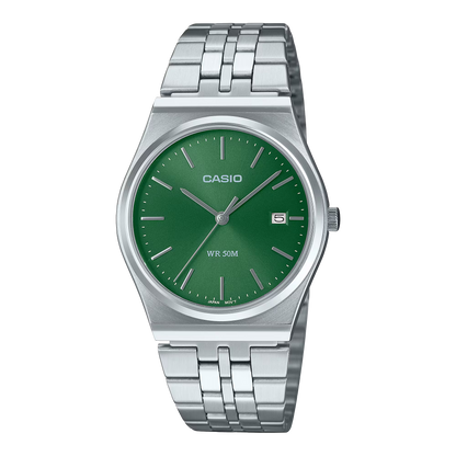 CASIO  MTP-B145D-3A SILVER STEEL BAND GREEN DIAL  FOR MEN