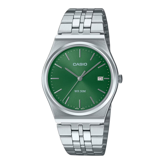 CASIO  MTP-B145D-3A SILVER STEEL BAND GREEN DIAL  FOR MEN