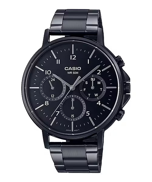 CASIO  MTP-E321B-1A BLACK STEEL BAND BLACK DIAL  FOR MEN