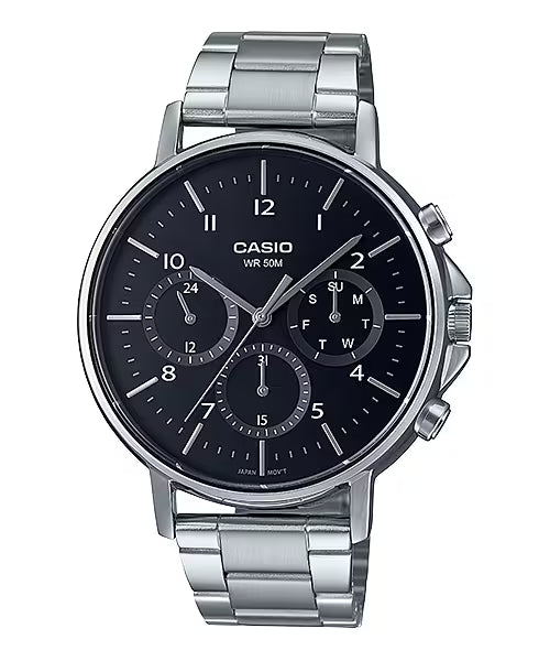 CASIO  MTP-E321D-1A SILVER STEEL BAND BLACK DIAL  FOR MEN