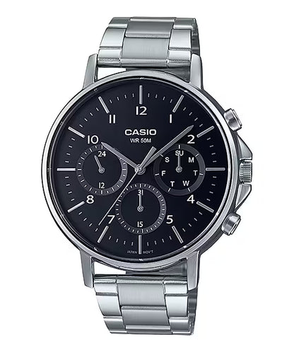 CASIO  MTP-E321D-1A SILVER STEEL BAND BLACK DIAL  FOR MEN