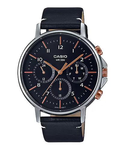 CASIO  MTP-E321L-1A BLACK LEATHER BAND BLACK DIAL  FOR MEN