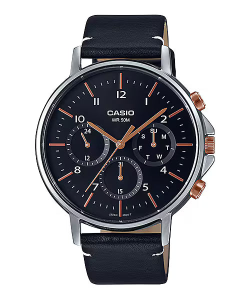 CASIO  MTP-E321L-1A BLACK LEATHER BAND BLACK DIAL  FOR MEN