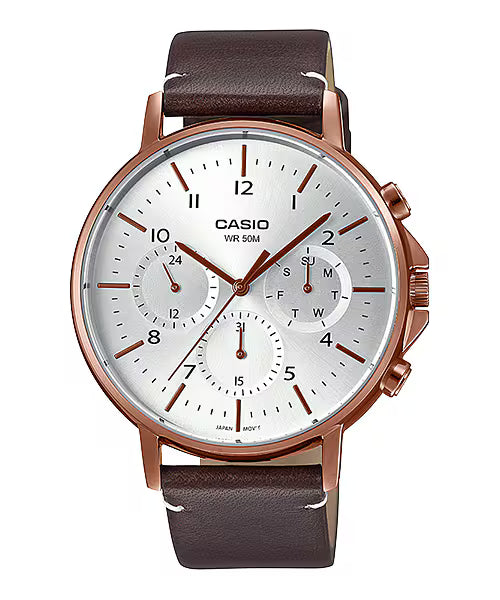 CASIO  MTP-E321RL-5A BROWN LEATHER BAND SILVER DIAL  FOR MEN