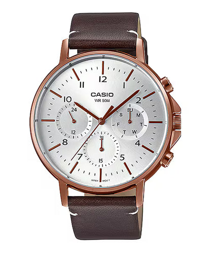 CASIO  MTP-E321RL-5A BROWN LEATHER BAND SILVER DIAL  FOR MEN