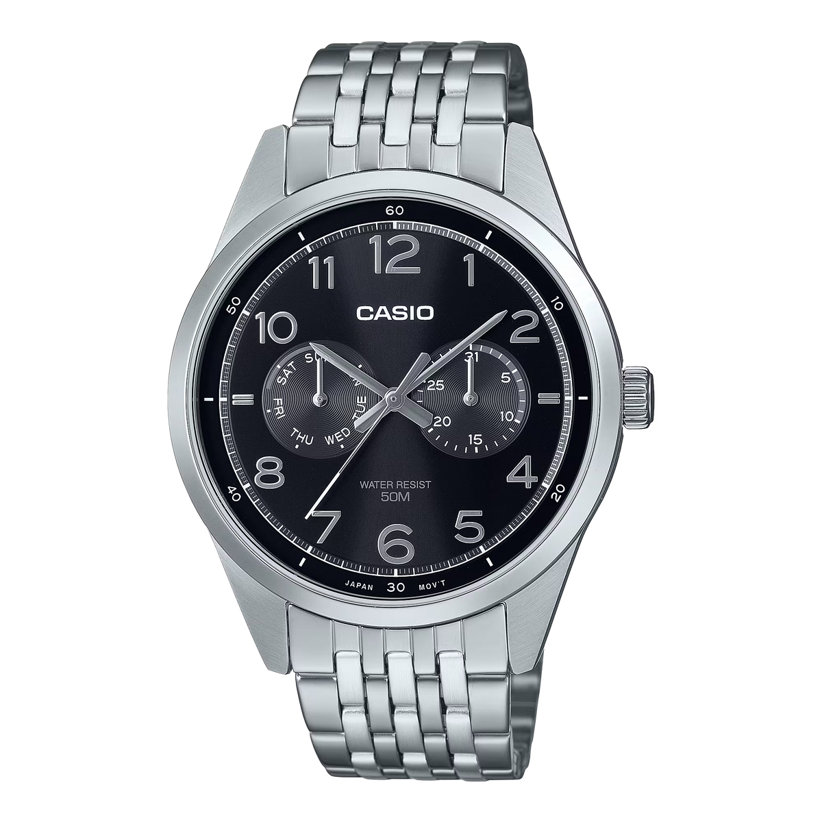CASIO  MTP-E340D-1A SILVER STEEL BAND BLACK DIAL  FOR MEN
