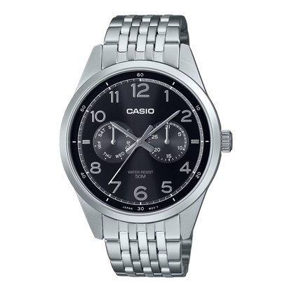 CASIO  MTP-E340D-1A SILVER STEEL BAND BLACK DIAL  FOR MEN