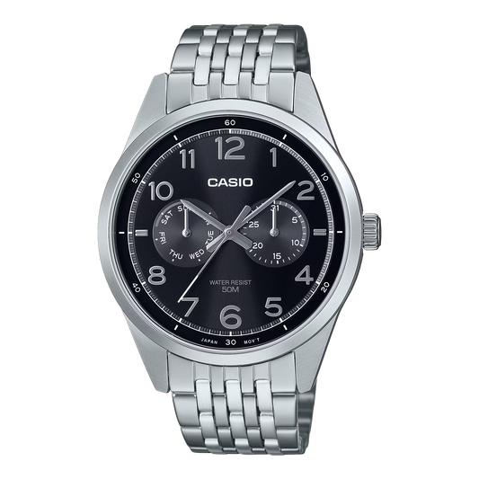 CASIO  MTP-E340D-1A SILVER STEEL BAND BLACK DIAL  FOR MEN
