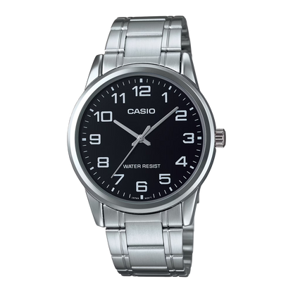CASIO  MTP-V001D-1B SILVER STEEL BAND BLACK DIAL  FOR MEN
