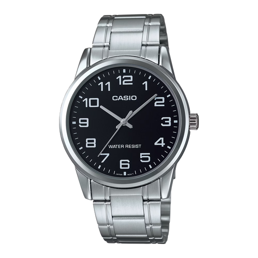 CASIO  MTP-V001D-1B SILVER STEEL BAND BLACK DIAL  FOR MEN