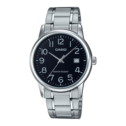 CASIO  MTP-V002D-1B SILVER STEEL BAND BLACK DIAL  FOR MEN