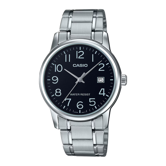 CASIO  MTP-V002D-1B SILVER STEEL BAND BLACK DIAL  FOR MEN