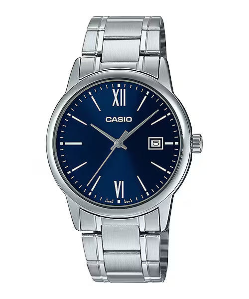 CASIO  MTP-V002D-2B3 SILVER STEEL BAND NAVY BLUE DIAL  FOR MEN